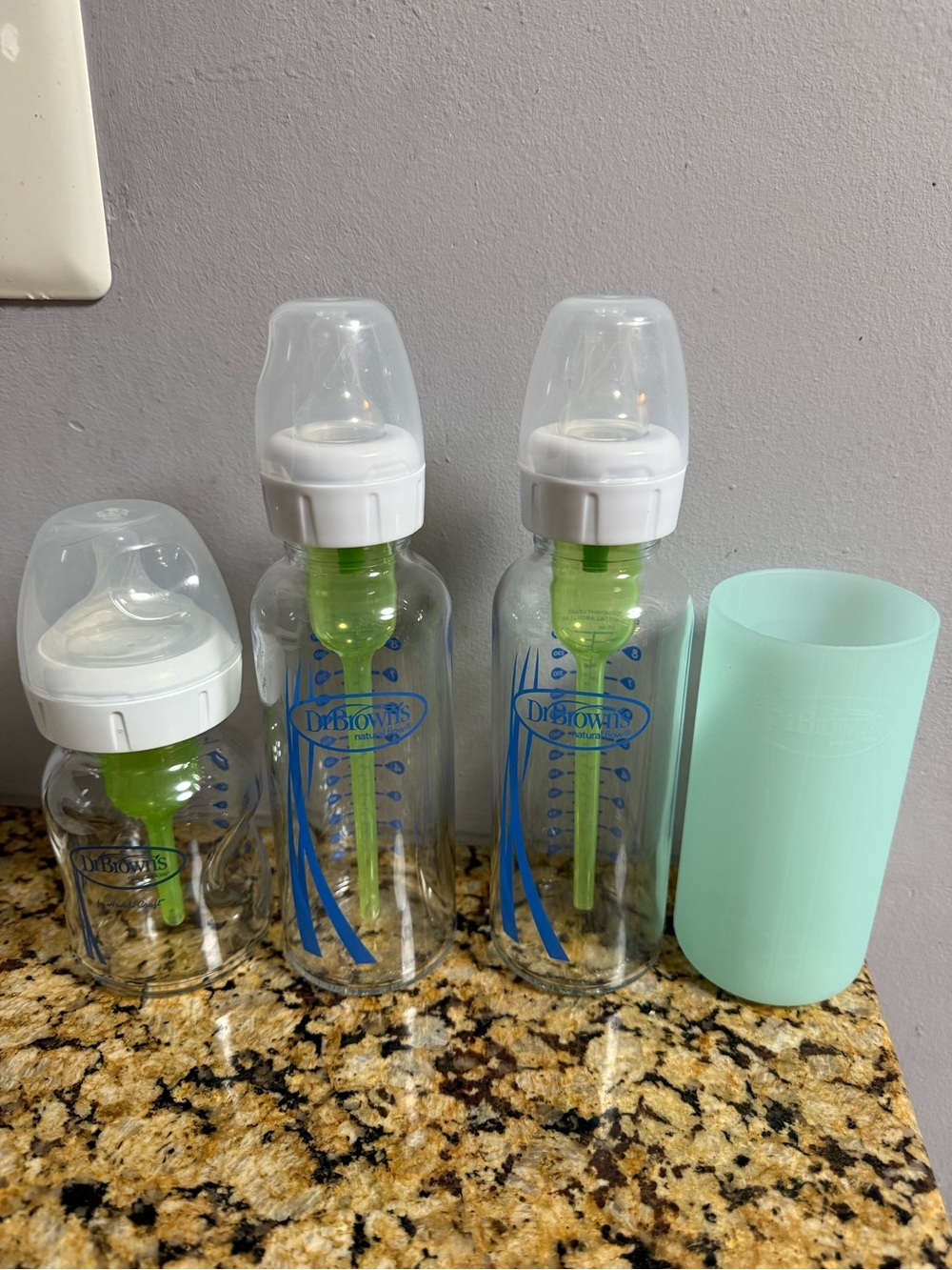 Dr Brown’s Anti Colic Glass Baby Bottles with one silicone sleeve